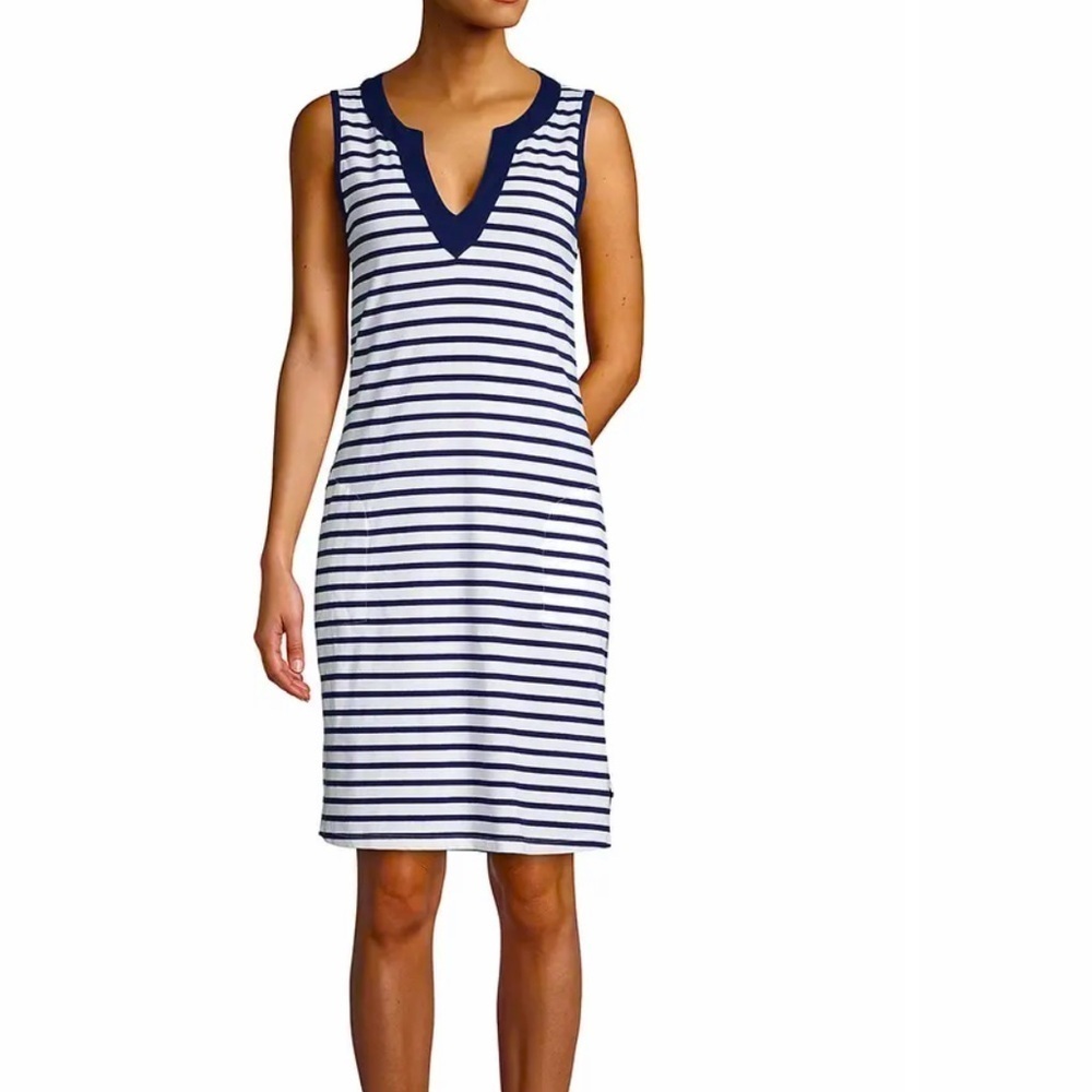 Lands' End Cotton Jersey Notch Neck in Navy & White Striped Sleeveless Dress, XL